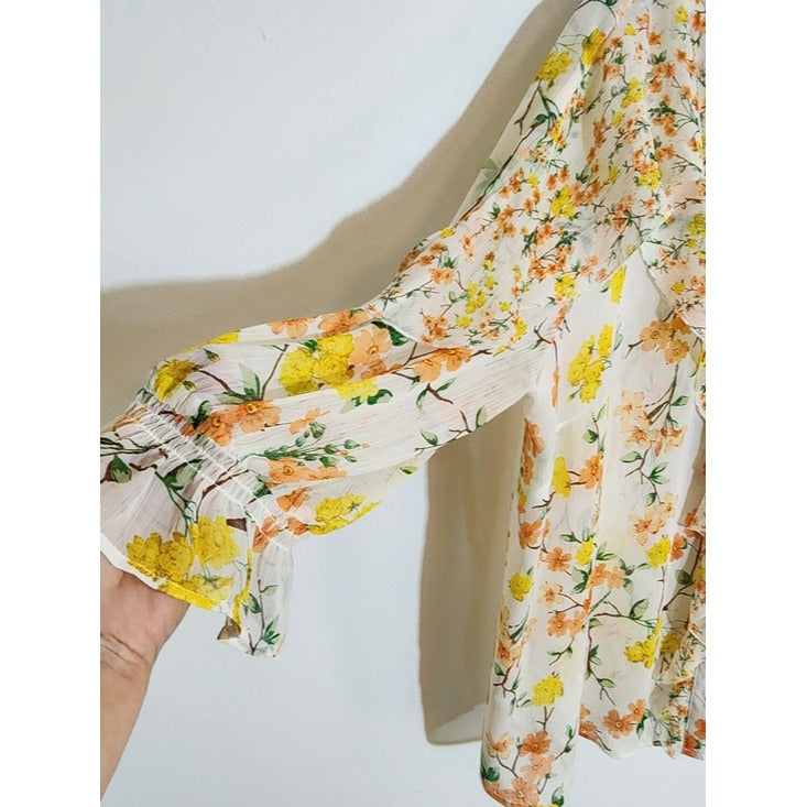 Cato Orange and Yellow Floral Sheer Button Up Blouse Size 22/24