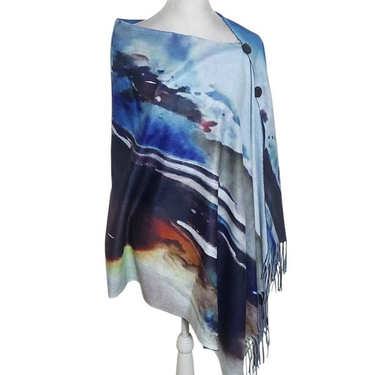 Magic Scarf Abstract Sunset Shawl with Fringe One Size Abstract Button-Up Wrap