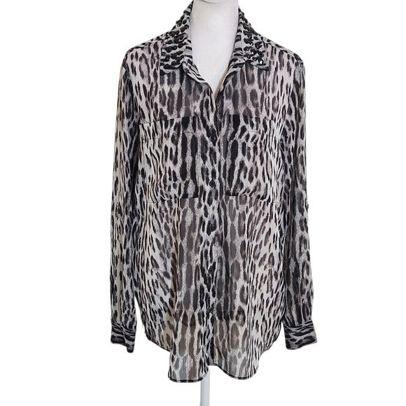 Michael Kors Sheer Black Leopard Print Embellished Button Down Top Size Small