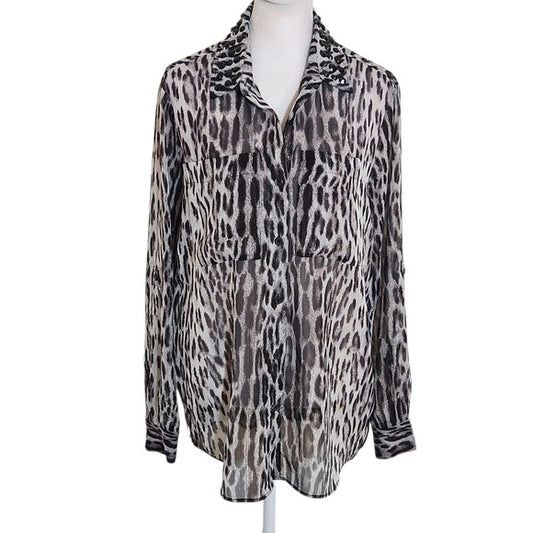 Michael Kors Sheer Black Leopard Print Embellished Button Down Top Size Small