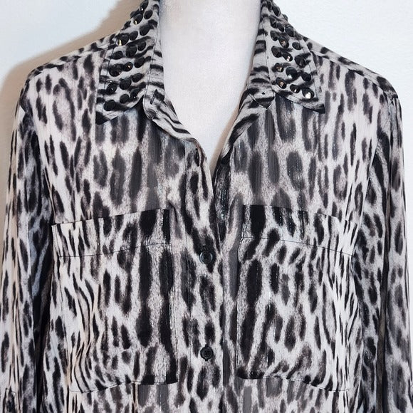 Michael Kors Sheer Black Leopard Print Embellished Button Down Top Size Small