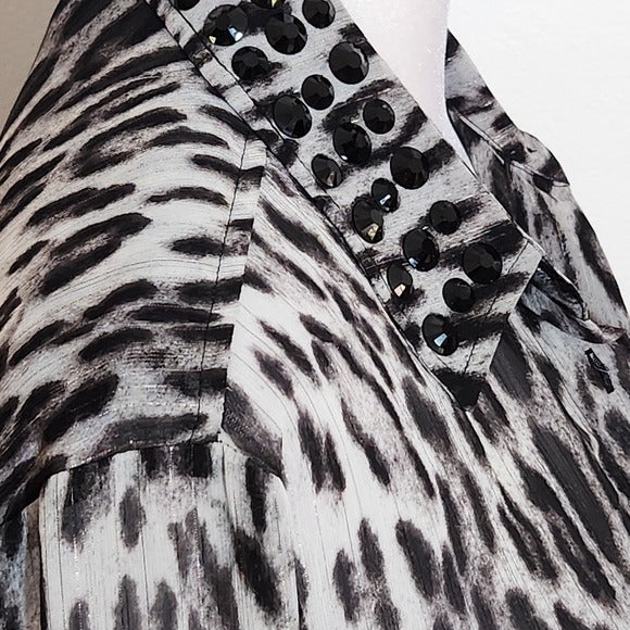 Michael Kors Sheer Black Leopard Print Embellished Button Down Top Size Small