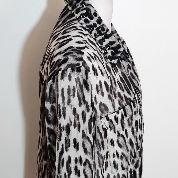 Michael Kors Sheer Black Leopard Print Embellished Button Down Top Size Small