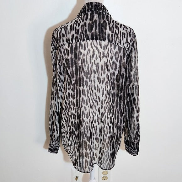 Michael Kors Sheer Black Leopard Print Embellished Button Down Top Size Small