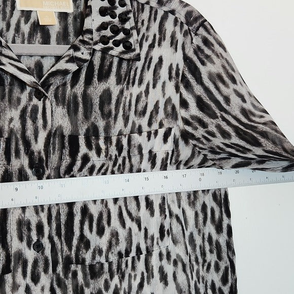 Michael Kors Sheer Black Leopard Print Embellished Button Down Top Size Small