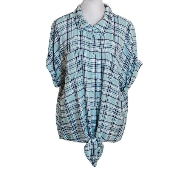 Como Vintage Aqua Blue and Black Plaid Button Down Tie Waist Shirt Size XL