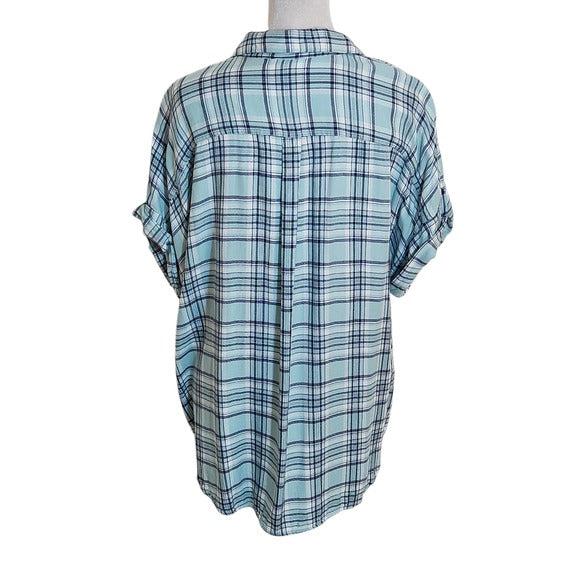 Como Vintage Aqua Blue and Black Plaid Button Down Tie Waist Shirt Size XL
