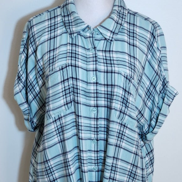 Como Vintage Aqua Blue and Black Plaid Button Down Tie Waist Shirt Size XL