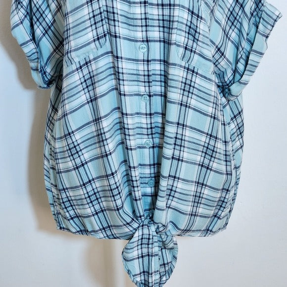 Como Vintage Aqua Blue and Black Plaid Button Down Tie Waist Shirt Size XL