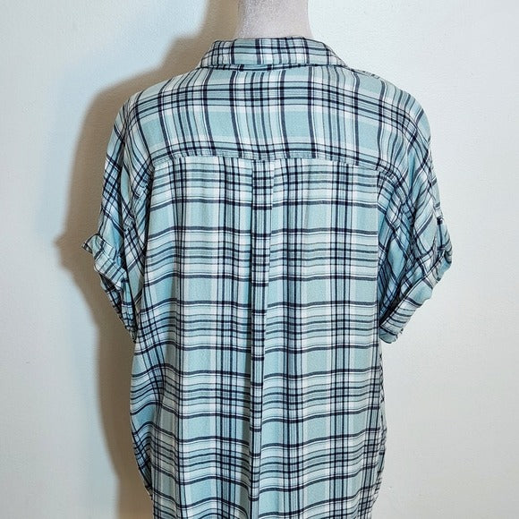 Como Vintage Aqua Blue and Black Plaid Button Down Tie Waist Shirt Size XL