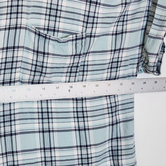 Como Vintage Aqua Blue and Black Plaid Button Down Tie Waist Shirt Size XL