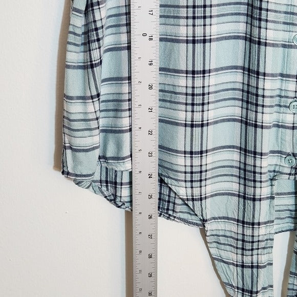Como Vintage Aqua Blue and Black Plaid Button Down Tie Waist Shirt Size XL