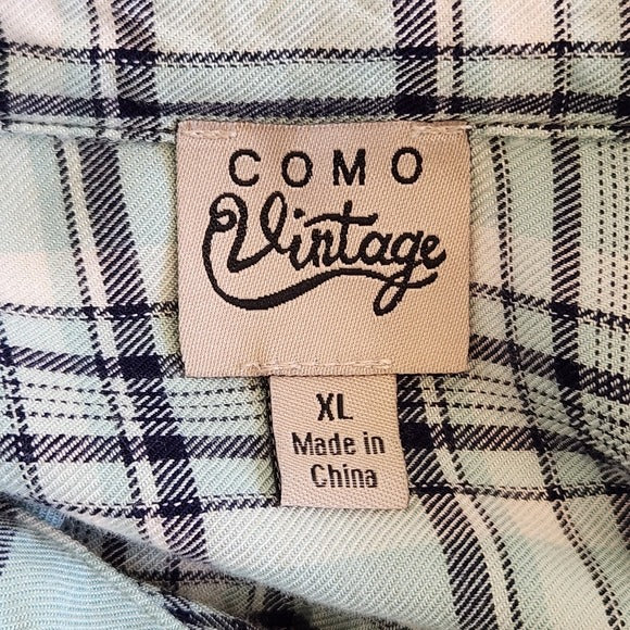 Como Vintage Aqua Blue and Black Plaid Button Down Tie Waist Shirt Size XL
