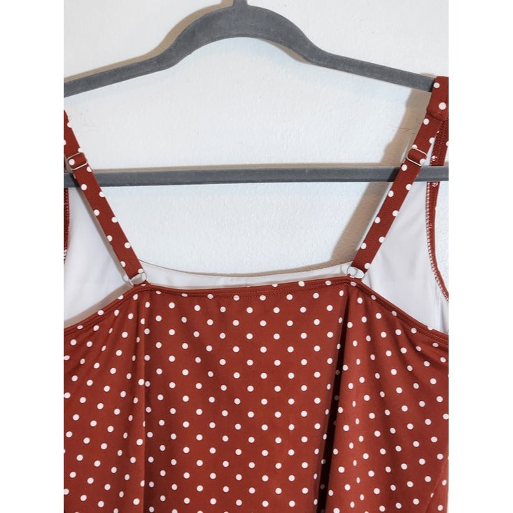 Lands' End Terra Cotta Brown and White Polka Dot Tankini Top Size 12