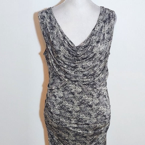 MNG Mango Black Leopard Print Ruched Draped Neck Bodycon Dress Size Medium