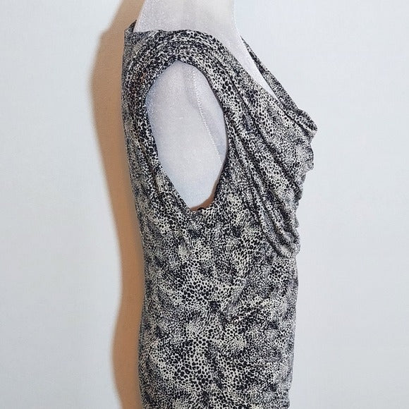 MNG Mango Black Leopard Print Ruched Draped Neck Bodycon Dress Size Medium