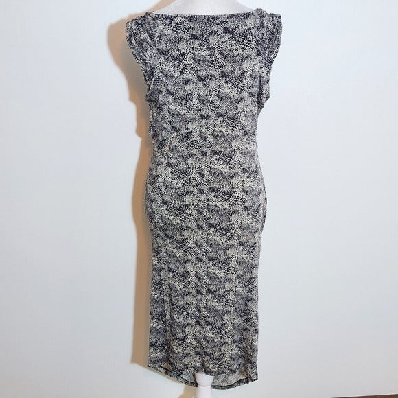 MNG Mango Black Leopard Print Ruched Draped Neck Bodycon Dress Size Medium