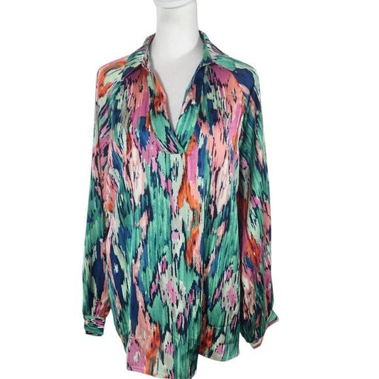 Colorful Abstract Print Boho Blouse with V-Neck and Full Sleeves Size Large