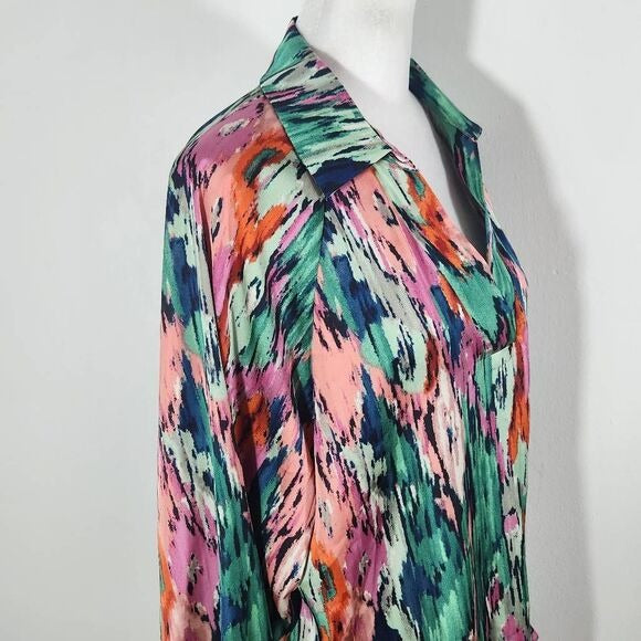 Colorful Abstract Print Boho Blouse with V-Neck and Full Sleeves Size Large