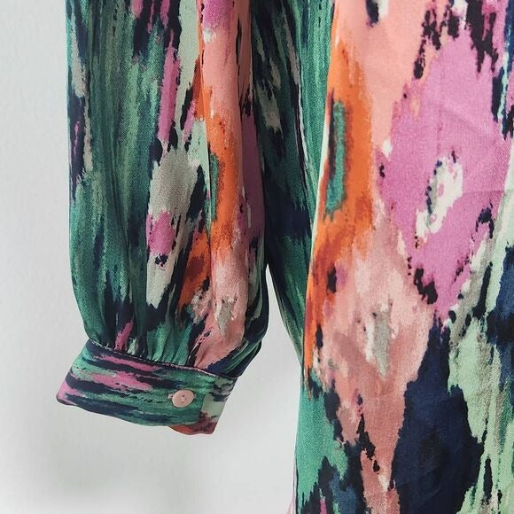 Colorful Abstract Print Boho Blouse with V-Neck and Full Sleeves Size Large