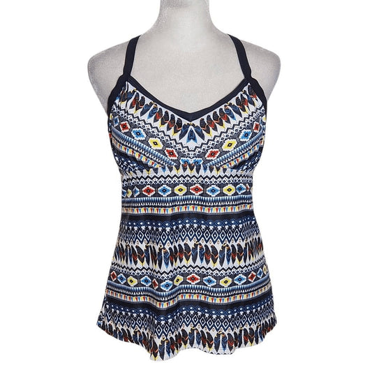 Yonique Feather Print Boho Tankini Top NWT Size Medium Aztec Print Tankini