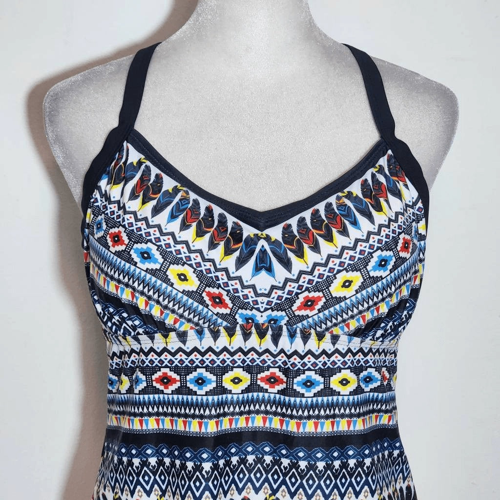 Yonique Feather Print Boho Tankini Top NWT Size Medium Aztec Print Tankini