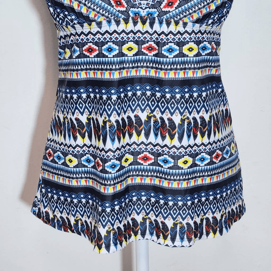 Yonique Feather Print Boho Tankini Top NWT Size Medium Aztec Print Tankini