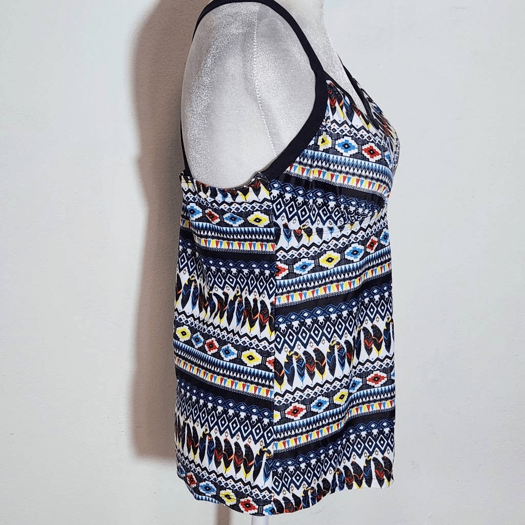 Yonique Feather Print Boho Tankini Top NWT Size Medium Aztec Print Tankini
