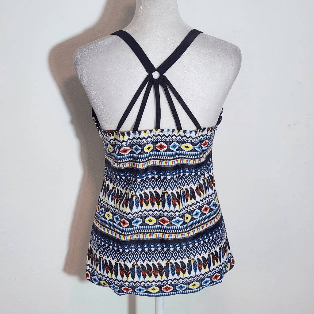 Yonique Feather Print Boho Tankini Top NWT Size Medium Aztec Print Tankini