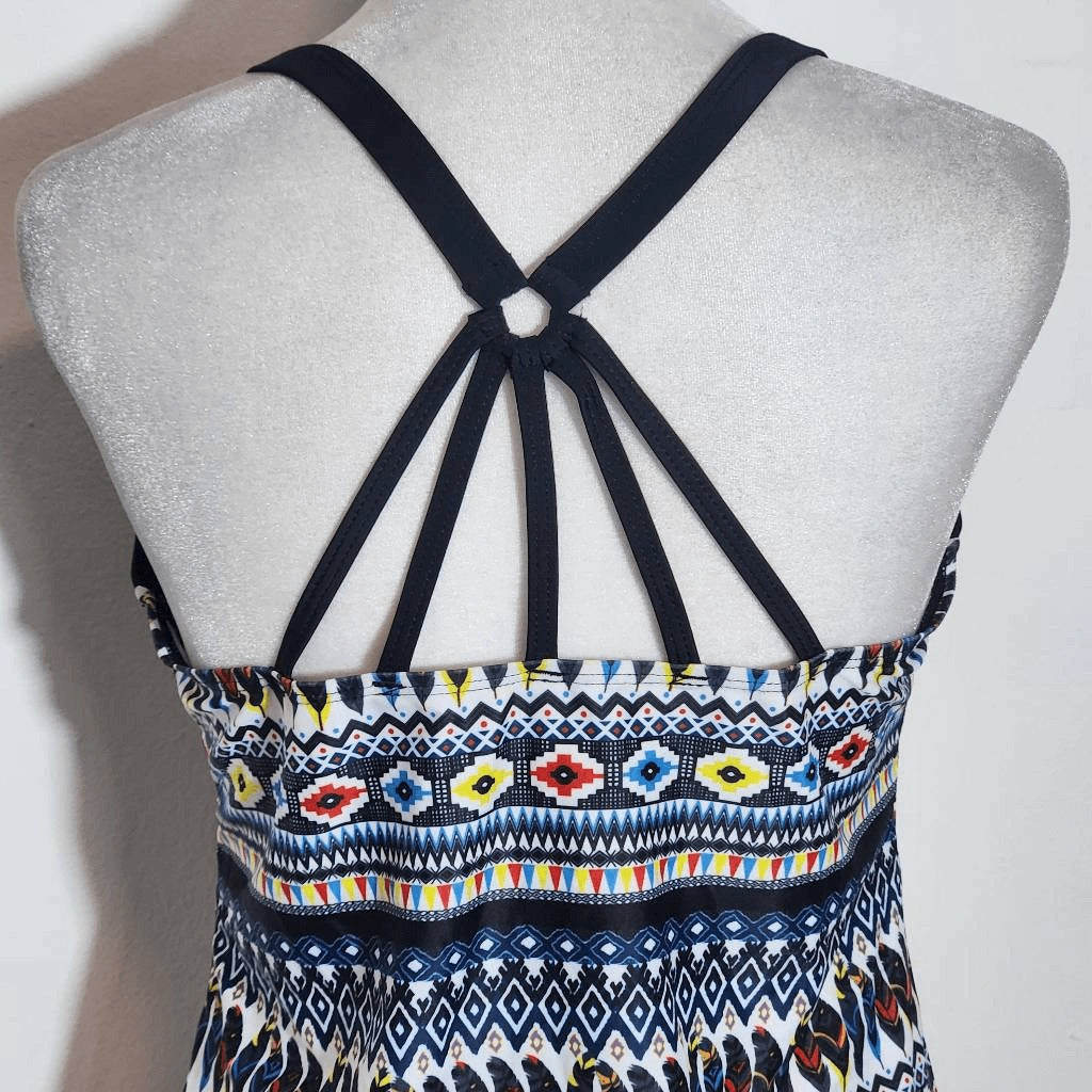Yonique Feather Print Boho Tankini Top NWT Size Medium Aztec Print Tankini