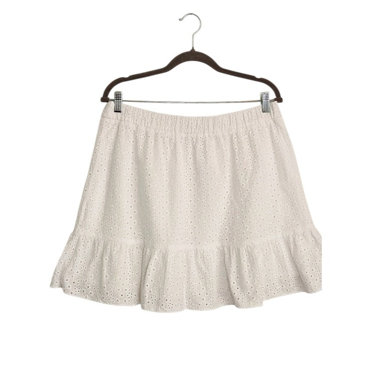 LOFT White Eyelet Ruffle Trim Pull-On Mini Skirt Size Large