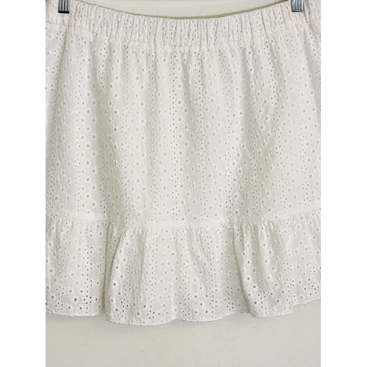 LOFT White Eyelet Ruffle Trim Pull-On Mini Skirt Size Large