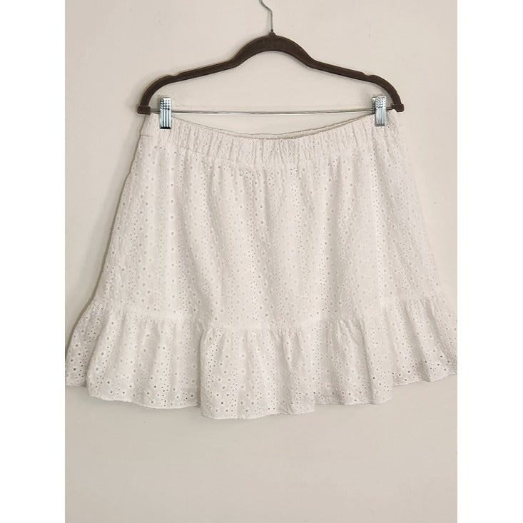 LOFT White Eyelet Ruffle Trim Pull-On Mini Skirt Size Large