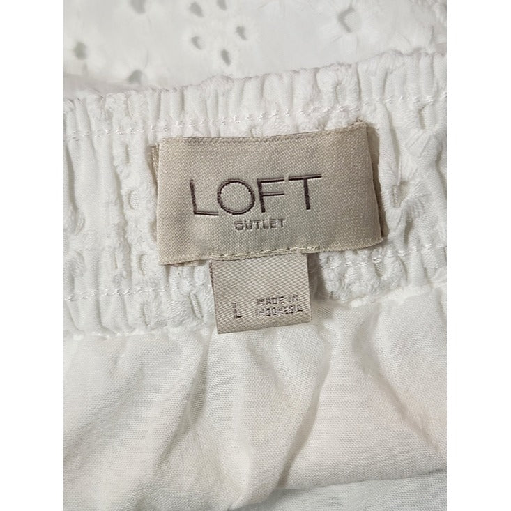LOFT White Eyelet Ruffle Trim Pull-On Mini Skirt Size Large