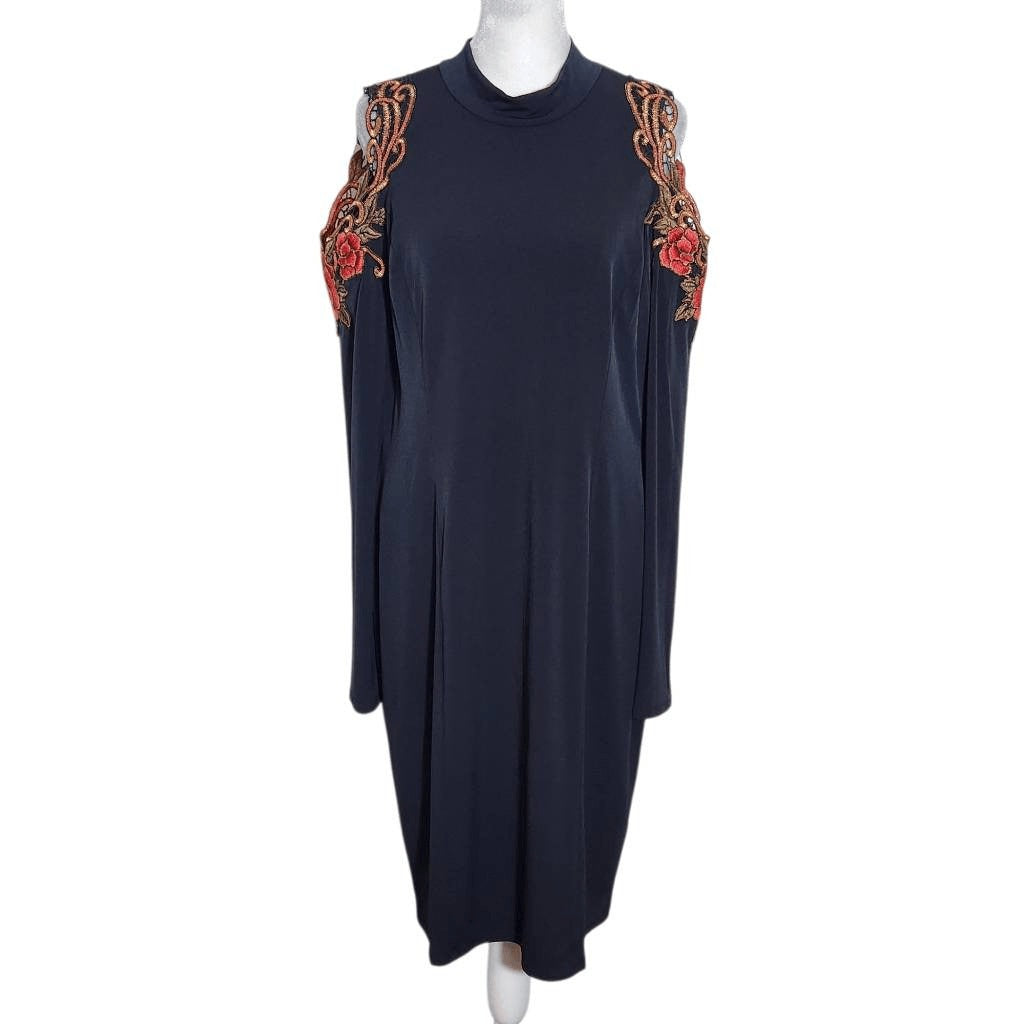 Venus Black Bodycon Dress with Floral Embroidered Shoulder Cutouts Size XL