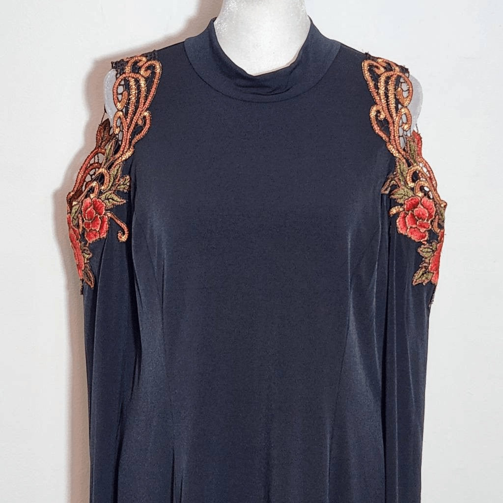 Venus Black Bodycon Dress with Floral Embroidered Shoulder Cutouts Size XL