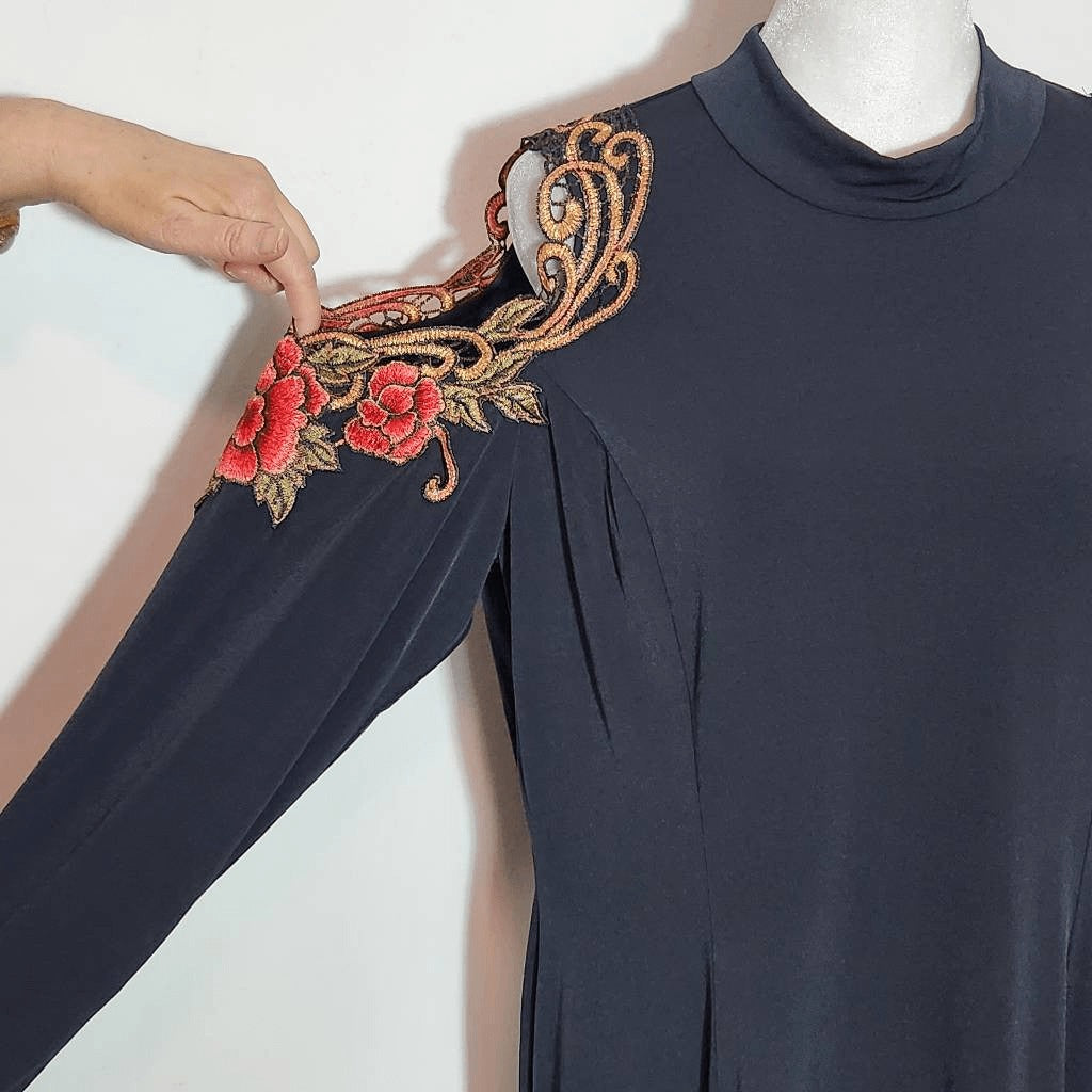 Venus Black Bodycon Dress with Floral Embroidered Shoulder Cutouts Size XL