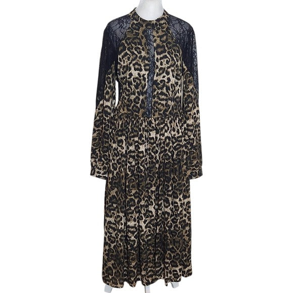 Venus Black Leopard Print Midi Dress with Lace Accents NWOT Size 12