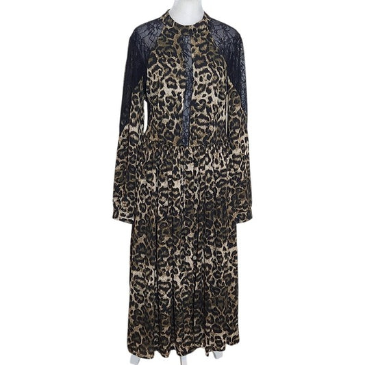 Venus Black Leopard Print Midi Dress with Lace Accents NWOT Size 12