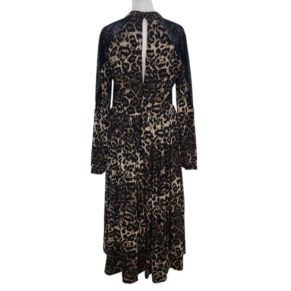 Venus Black Leopard Print Midi Dress with Lace Accents NWOT Size 12