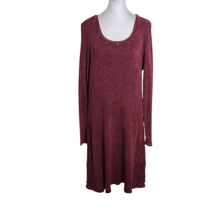 ABLE Burgundy Distressed Thermal Knit Dress with Lace Accent Size XL