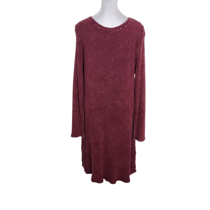 ABLE Burgundy Distressed Thermal Knit Dress with Lace Accent Size XL