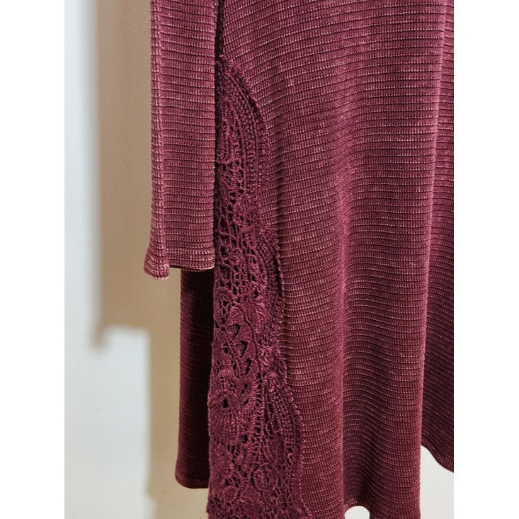 ABLE Burgundy Distressed Thermal Knit Dress with Lace Accent Size XL
