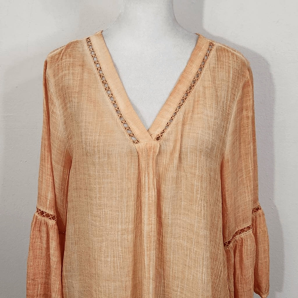 Macllyn Orange Semi-Sheer Boho Blouse Size Medium Orange Bohemian Top