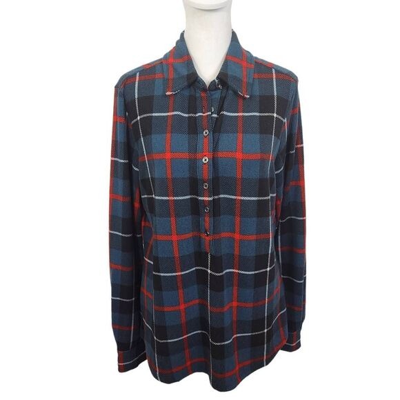 D&Co. Teal Blue and Red Plaid Half Button-Up Top Size Small Plaid Shirt