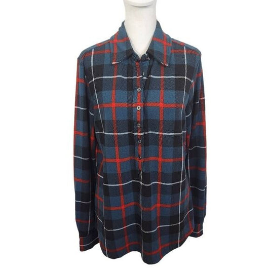 D&Co. Teal Blue and Red Plaid Half Button-Up Top Size Small Plaid Shirt