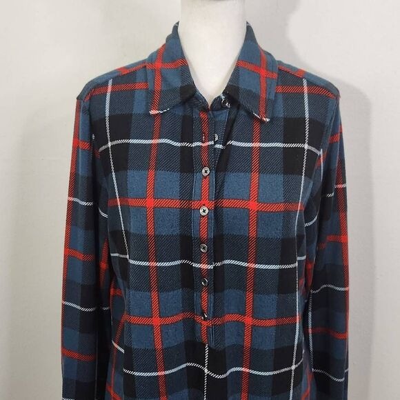 D&Co. Teal Blue and Red Plaid Half Button-Up Top Size Small Plaid Shirt