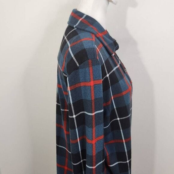 D&Co. Teal Blue and Red Plaid Half Button-Up Top Size Small Plaid Shirt