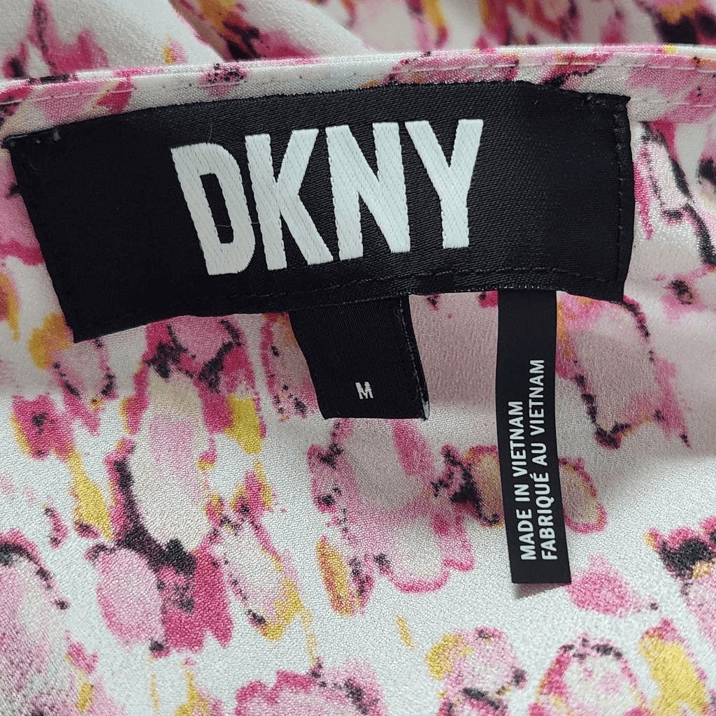 DKNY Short Sleeve Pink Print Blouse Size Medium DKNY White and Pink Top