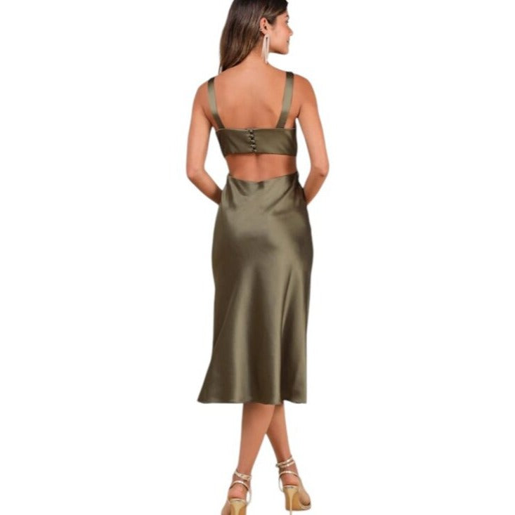 Lulus Olive Green Satin Cutout Midi Cocktail Dress Size Medium NWT Wedding Guest